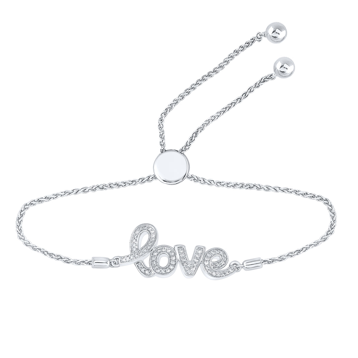 Sterling Silver Womens Round Natural Diamond Love Word Bolo Adjustable Bracelet CTW 2.72 Gram