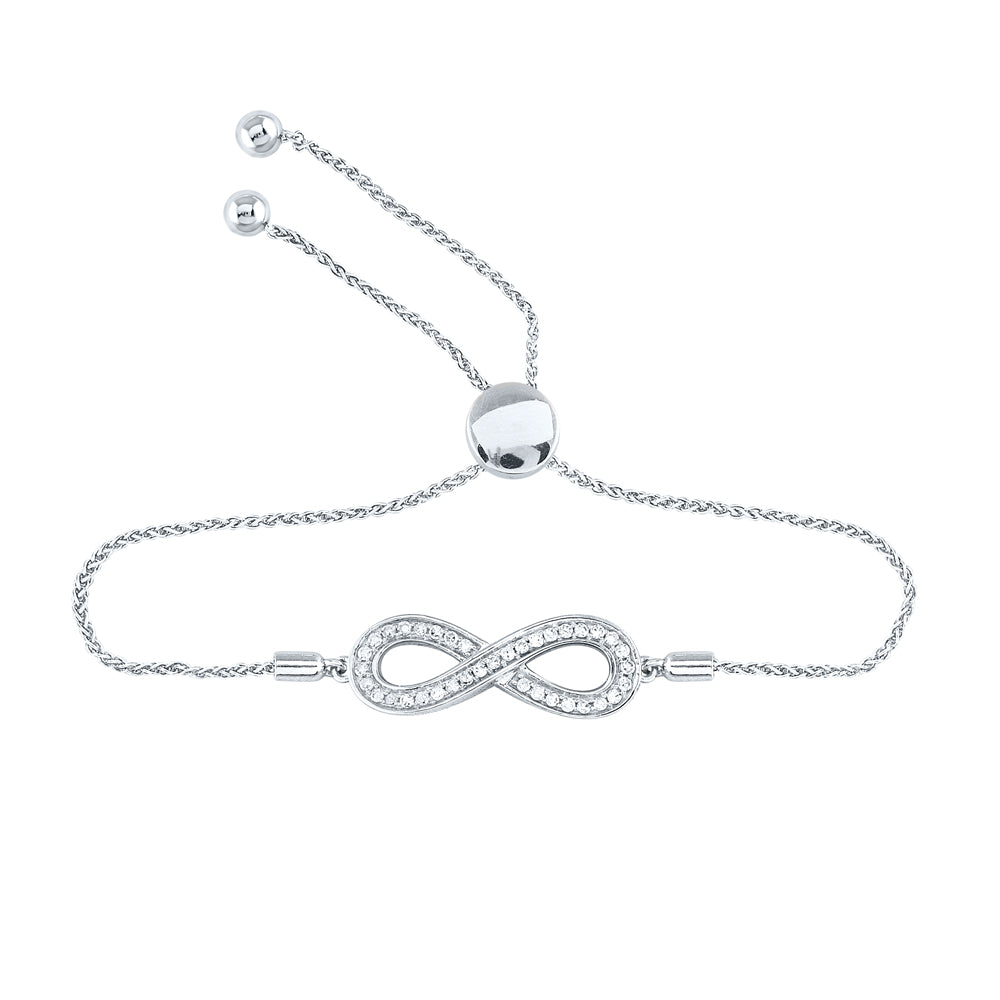 Sterling Silver Womens Round Natural Diamond Infinity Bolo Adjustable Bracelet 1/4 CTW 2.11 Gram