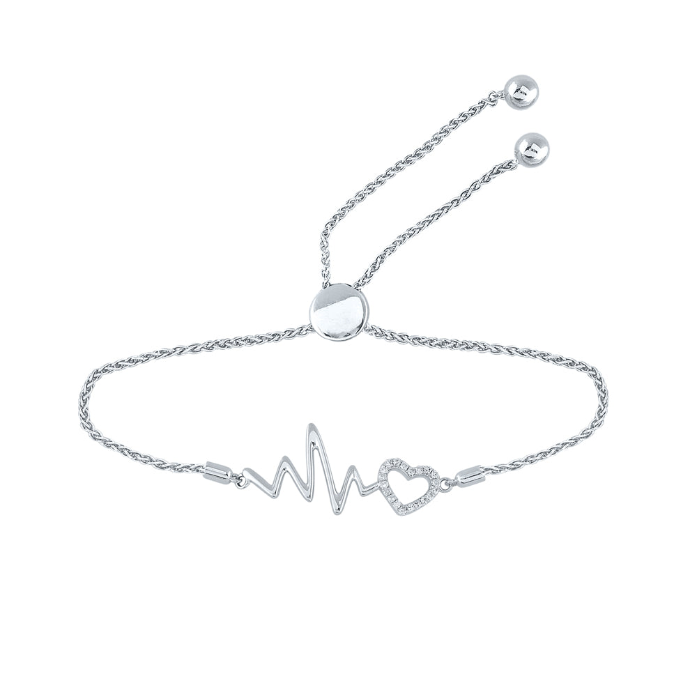 Sterling Silver Womens Round Natural Diamond Heart Heartbeat Bolo Bracelet 1/8 CTW 1.62 Gram