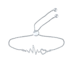Sterling Silver Womens Round Natural Diamond Heart Heartbeat Bolo Bracelet 1/8 CTW 1.62 Gram