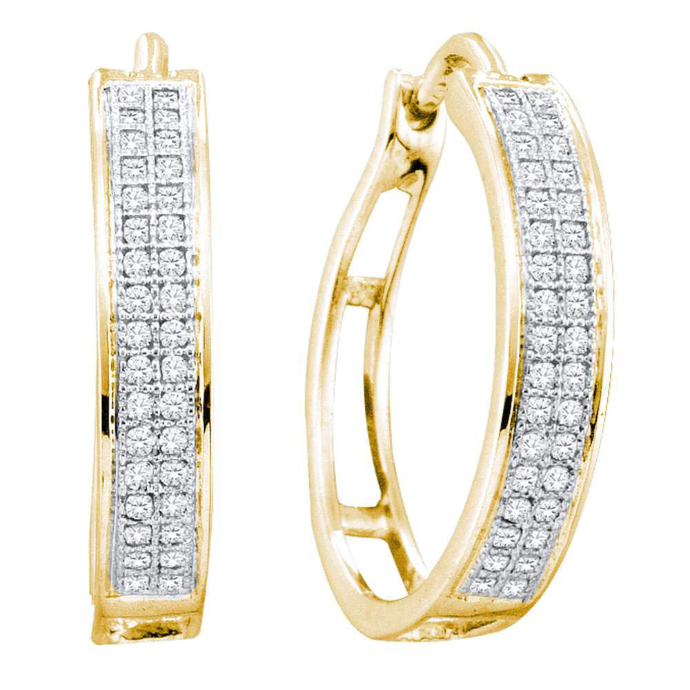 Yellow-tone Sterling Silver Womens Round Diamond Double Row Hoop Earrings 1/5 Cttw