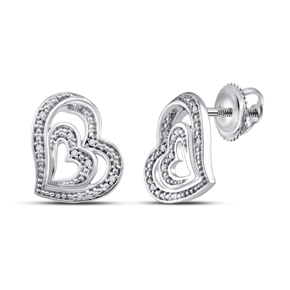 Sterling Silver Womens Round Diamond Heart Stud Earrings 1/20 Cttw