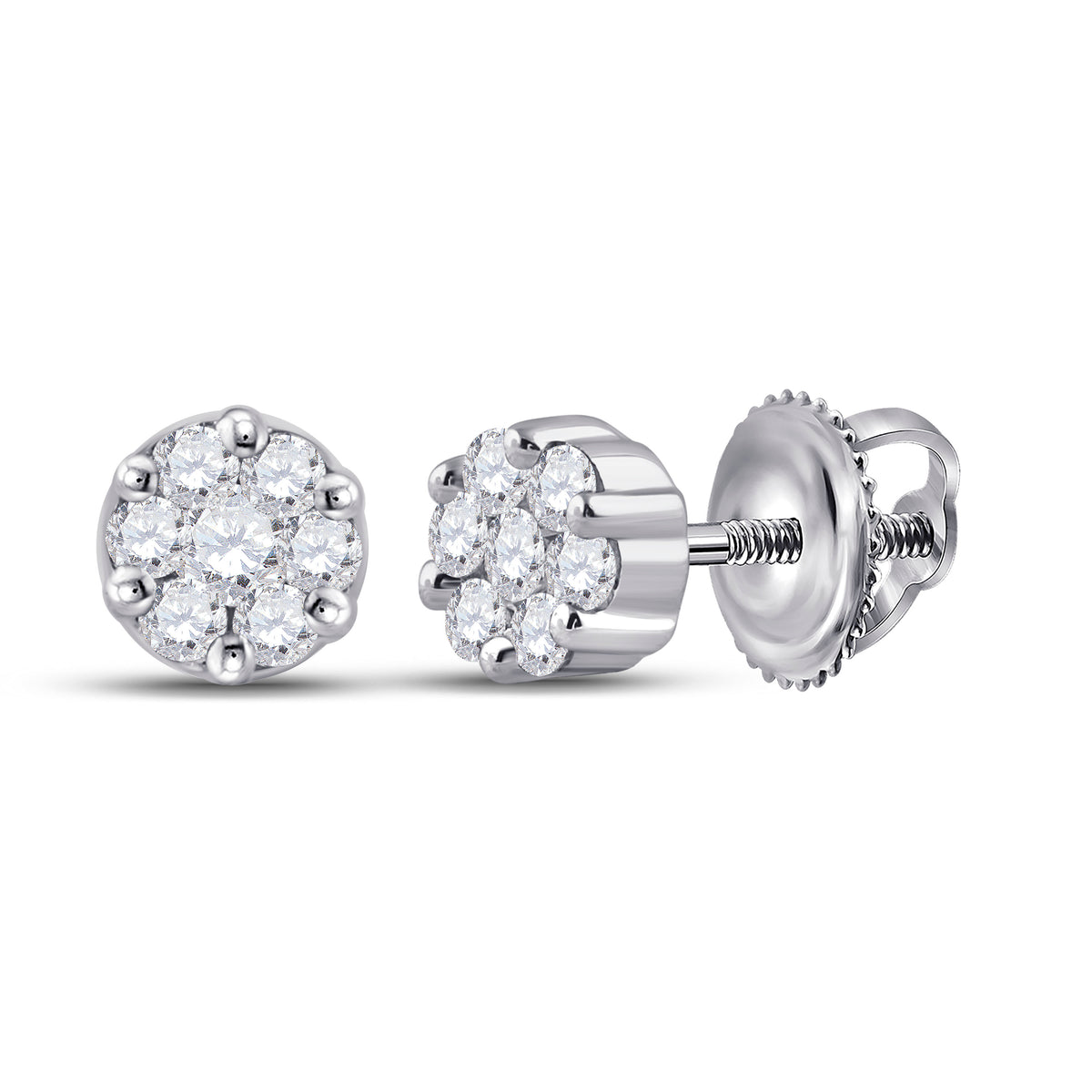 Sterling Silver Womens Round Diamond Flower Cluster Stud Earrings 1/6 Cttw