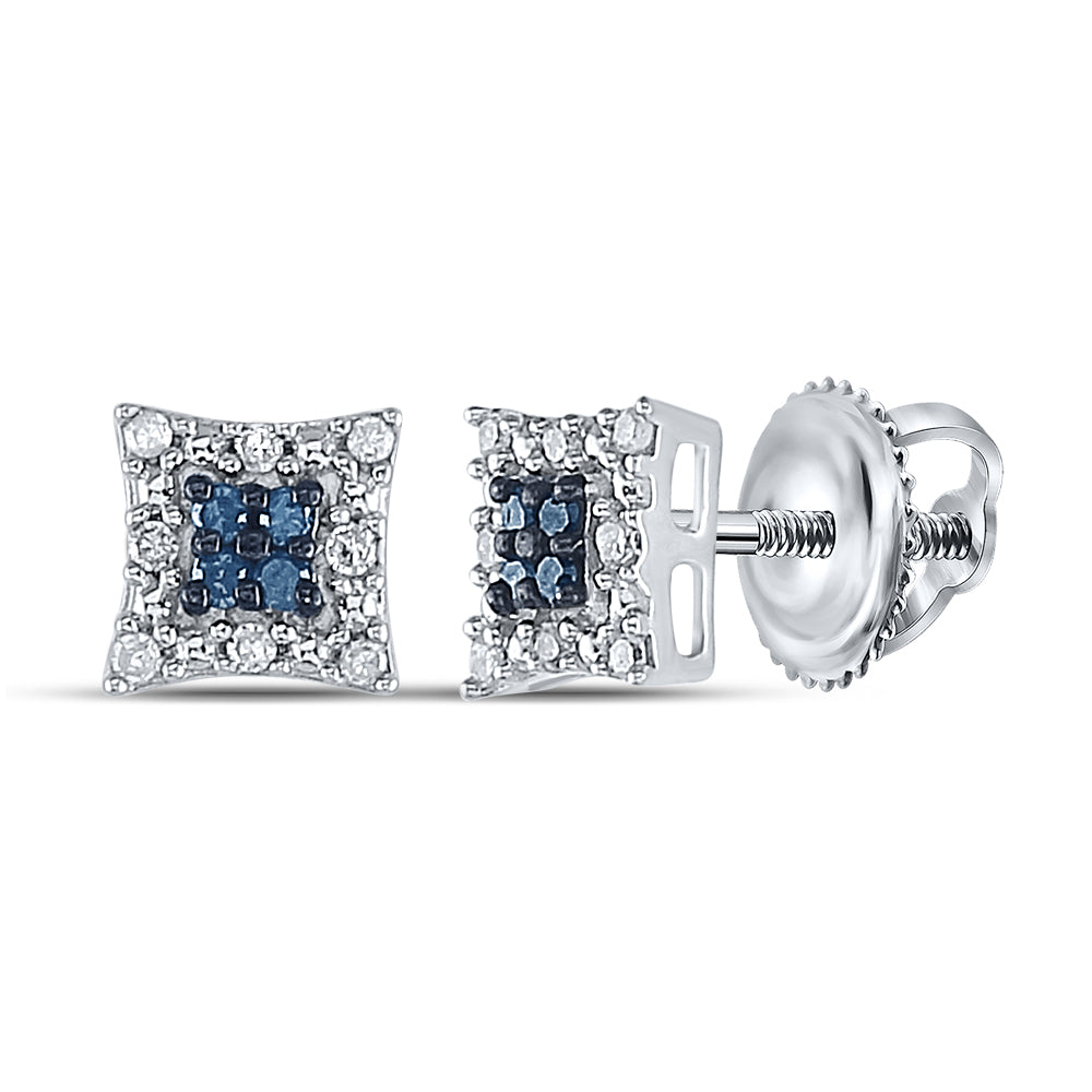 Sterling Silver Womens Round Blue Color Enhanced Diamond Square Cluster Screwback Earrings 1/10 Cttw