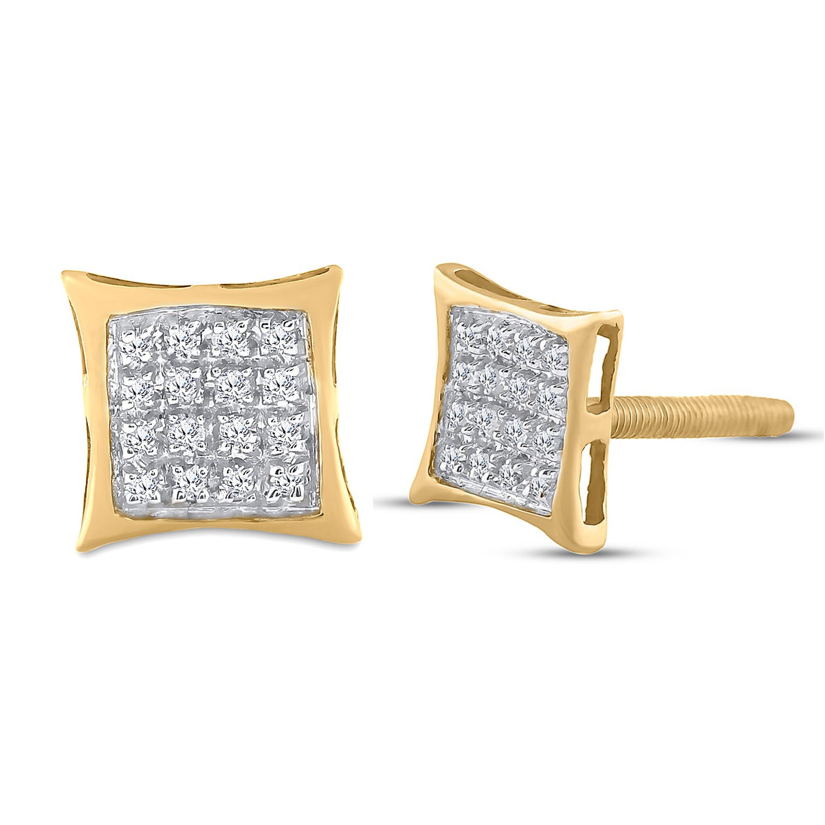 Yellow-Tone Sterling Silver Womens Round Natural Diamond Square Kite Cluster Stud Earrings 1/10 CTW 0.88 Gram