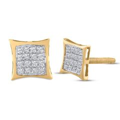Yellow-Tone Sterling Silver Womens Round Natural Diamond Square Kite Cluster Stud Earrings 1/10 CTW 0.88 Gram