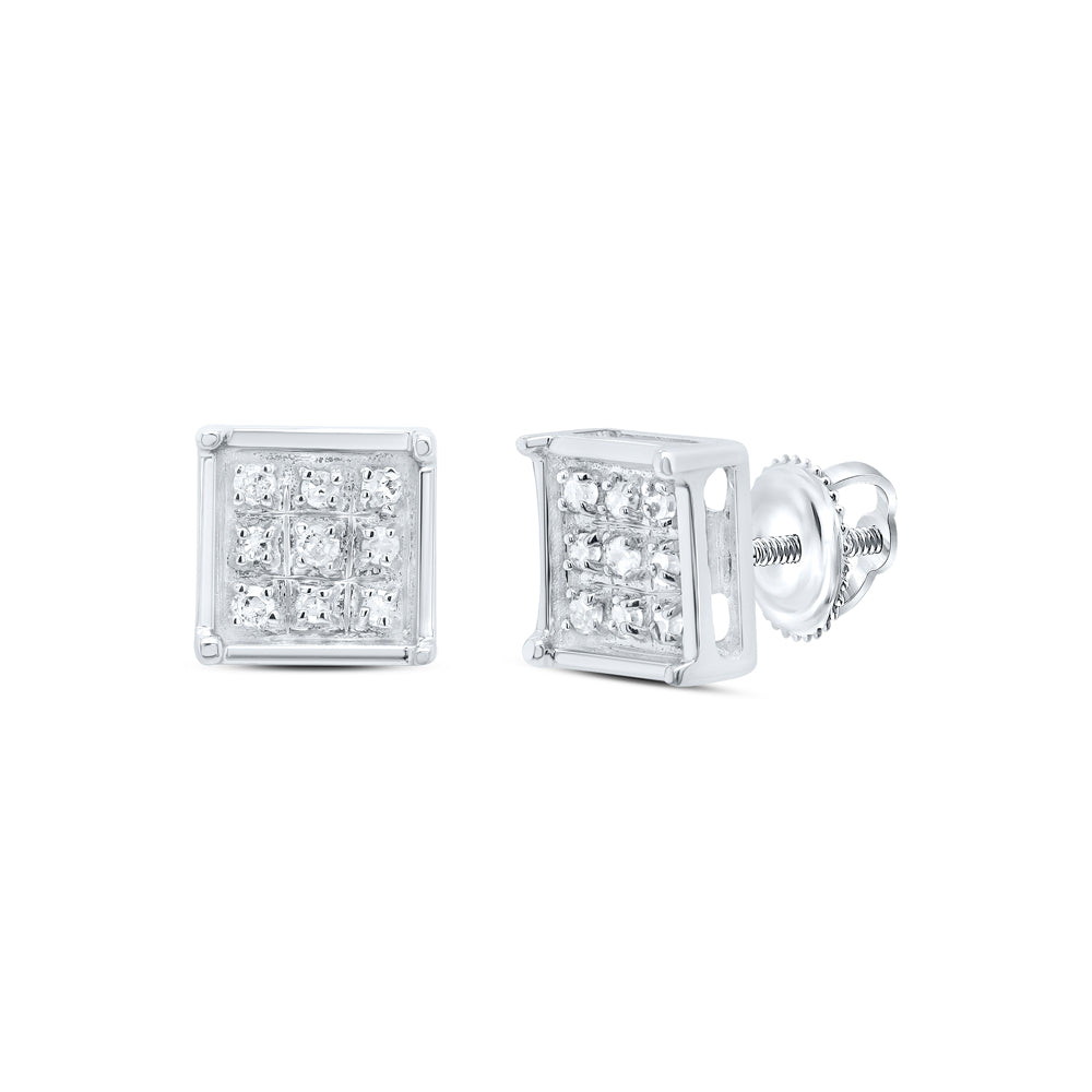 Sterling Silver Womens Round Diamond Square Cluster Earrings 1/20 Cttw