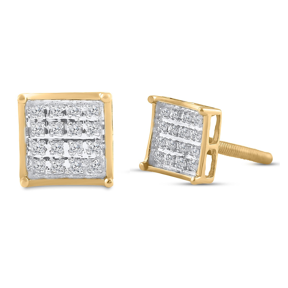 Yellow-tone Sterling Silver Womens Round Diamond Square Cluster Screwback Earrings 1/10 Cttw