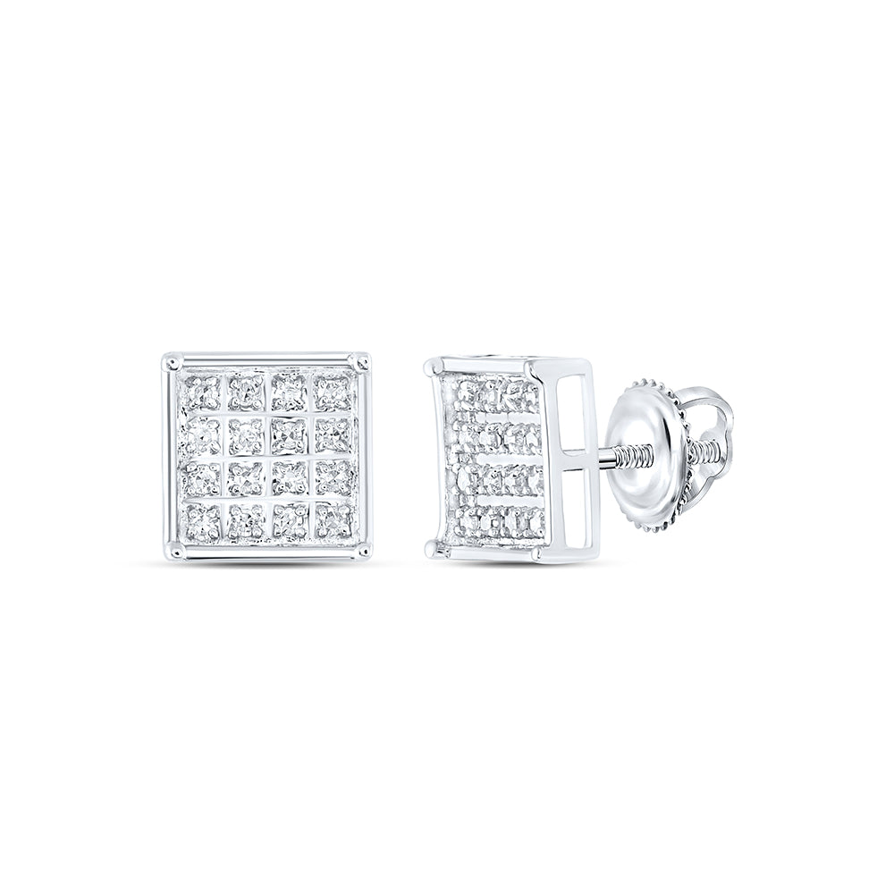 Sterling Silver Womens Round Diamond Square Cluster Screwback Earrings 1/10 Cttw