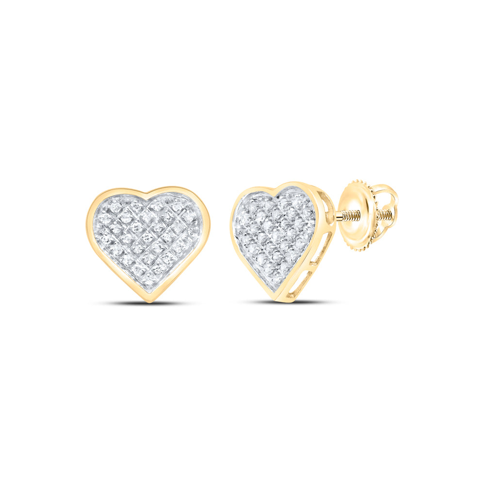 Yellow-tone Sterling Silver Womens Round Diamond Heart Cluster Stud Earrings 1/6 Cttw