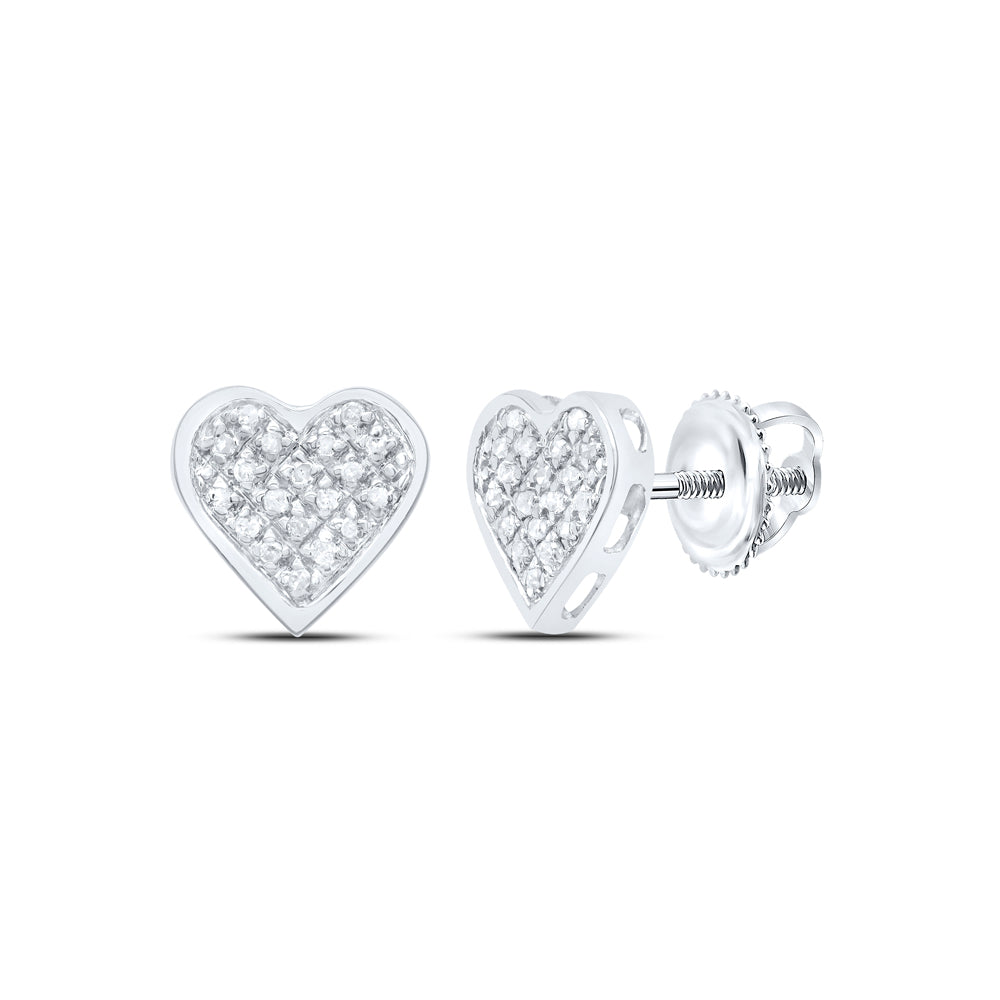 Sterling Silver Womens Round Diamond Heart Cluster Screwback Stud Earrings 1/10 Cttw