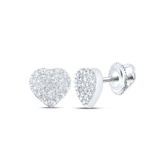 Sterling Silver Womens Round Diamond Heart Cluster Stud Earrings 1/20 Cttw