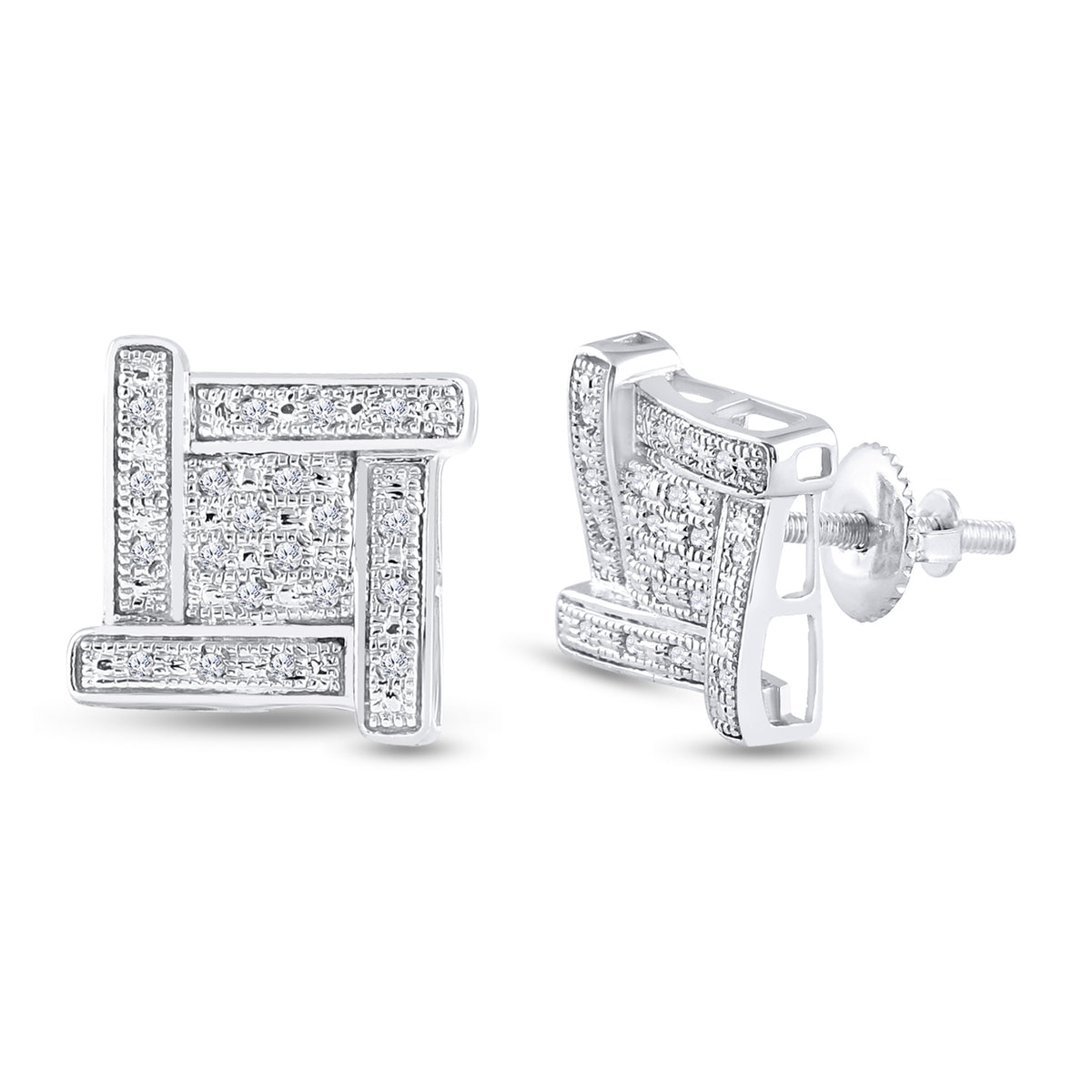 Sterling Silver Mens Round Natural Diamond Square Cluster Stud Earrings 1/8 CTW 3.23 Gram