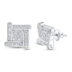 Sterling Silver Mens Round Natural Diamond Square Cluster Stud Earrings 1/8 CTW 3.23 Gram