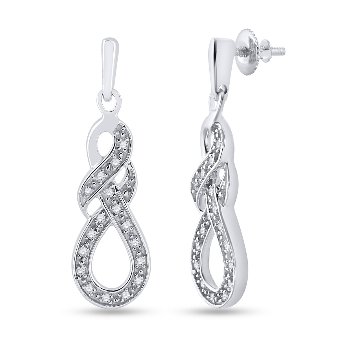Sterling Silver Womens Round Natural Diamond Infinity Dangle Screwback Earrings 1/8 CTW 2.69 Gram