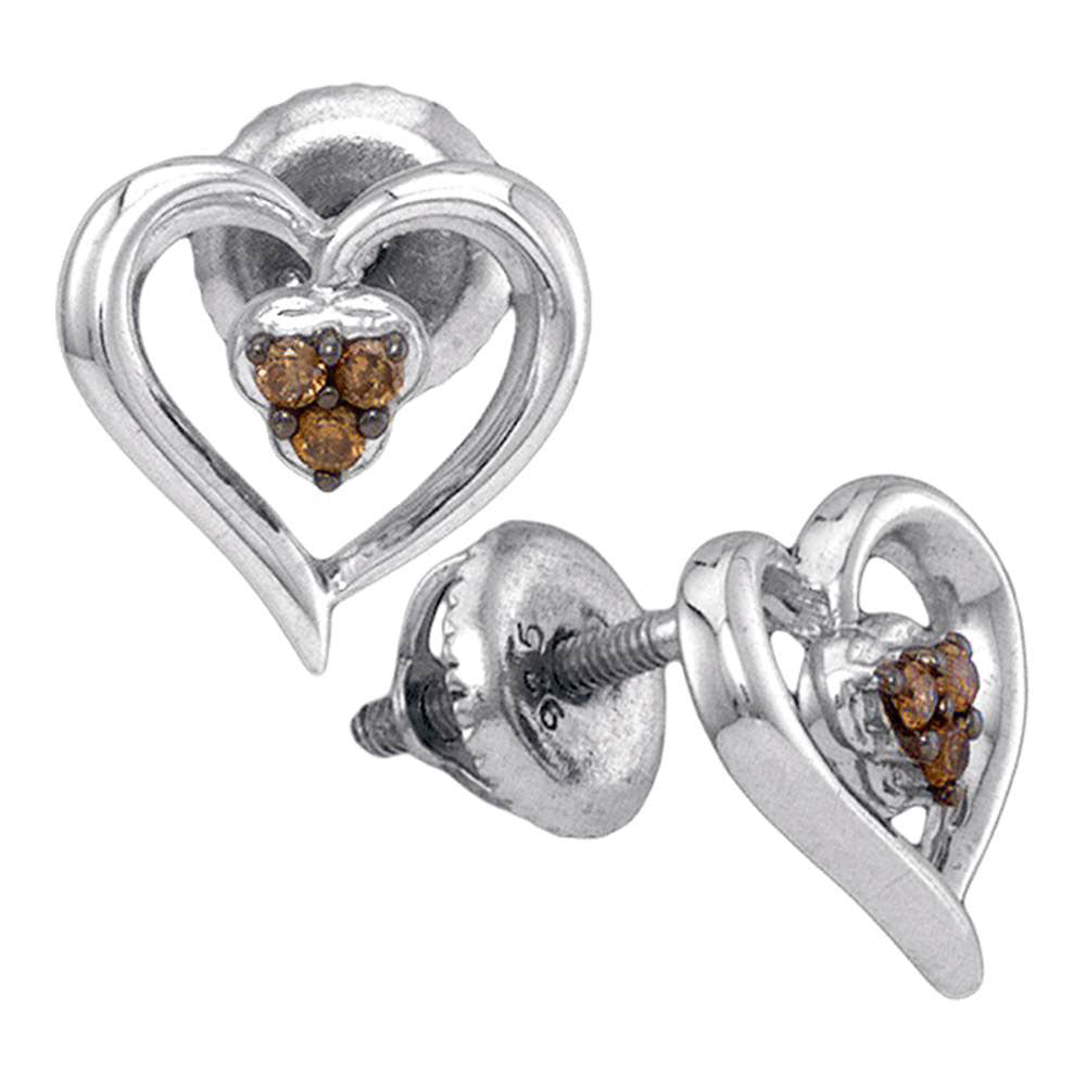 Sterling Silver Womens Round Brown Diamond Heart Earrings 1/12 Cttw