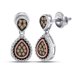 Sterling Silver Womens Round Brown Diamond Teardrop Dangle Earrings 1/5 CTW 2.65 Gram