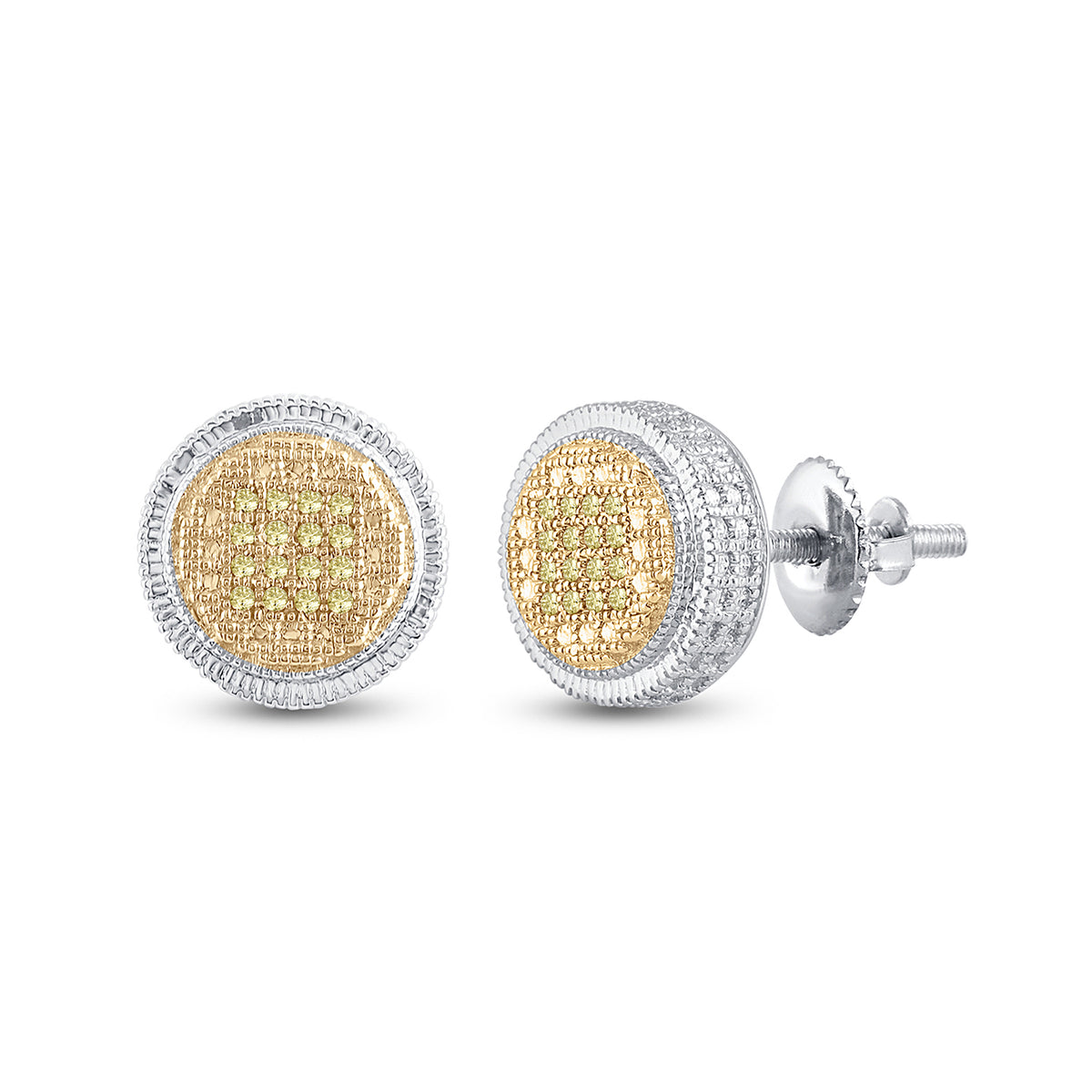 Sterling Silver Mens Round Yellow Color Enhanced Diamond Disk Circle Earrings 1/10 CTW 2.46 Gram