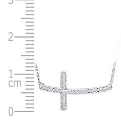 Sterling Silver Womens Round Diamond Horizontal Sideways Cross Necklace 1/10 Cttw