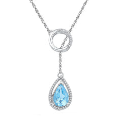 Sterling Silver Womens Pear Lab-Created Blue Topaz Solitaire Necklace 1/8 Cttw