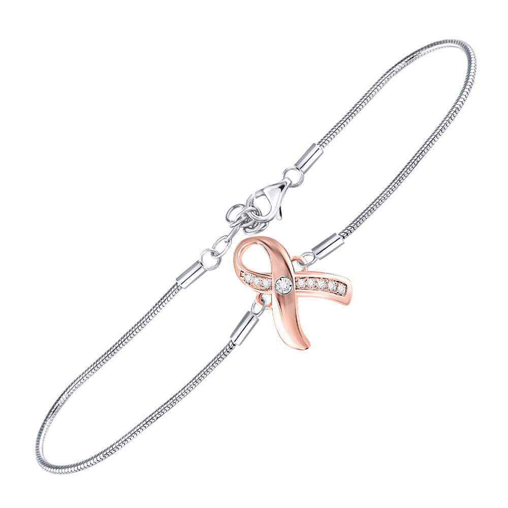 Sterling Silver Womens Round Diamond Pink Awareness Ribbon Fashion Bracelet 1/20 Cttw