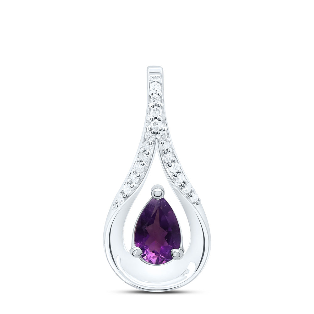 Sterling Silver Womens Pear Lab-Created Amethyst Solitaire Diamond Teardrop Pendant 1/2 CTW 0.99 Gram