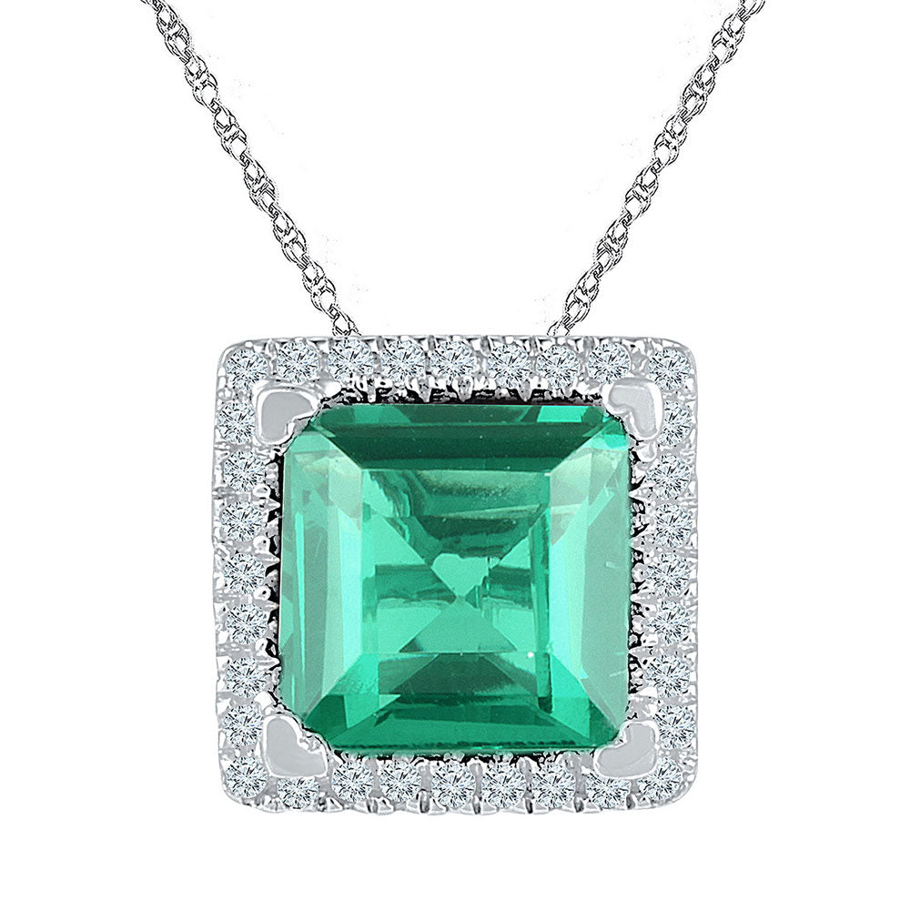 Sterling Silver Womens Cushion Lab-Created Emerald Solitaire Pendant 1-3/4 Cttw