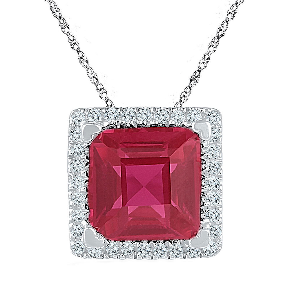 Sterling Silver Womens Cushion Lab-Created Ruby Solitaire Diamond Pendant 1/10 Cttw