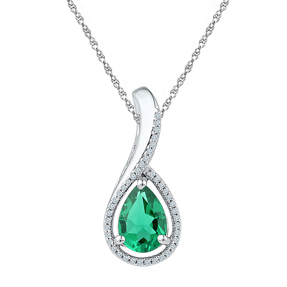 Sterling Silver Womens Pear Lab-Created Emerald Teardrop Pendant 2.00 Cttw