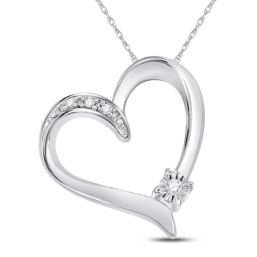 Sterling Silver Womens Round Diamond Solitaire Heart Pendant .03 Cttw