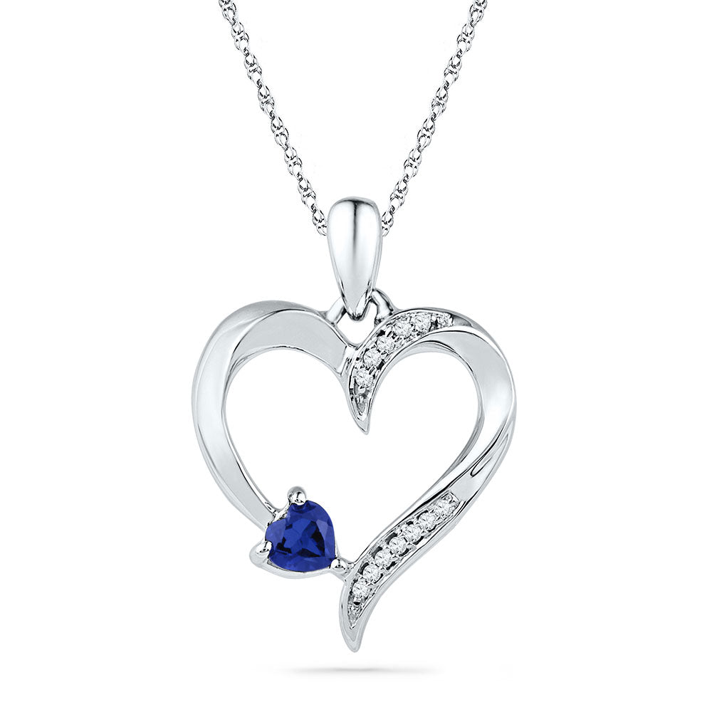 Sterling Silver Womens Lab-Created Blue Sapphire & Diamond Heart Pendant 1/4 Cttw