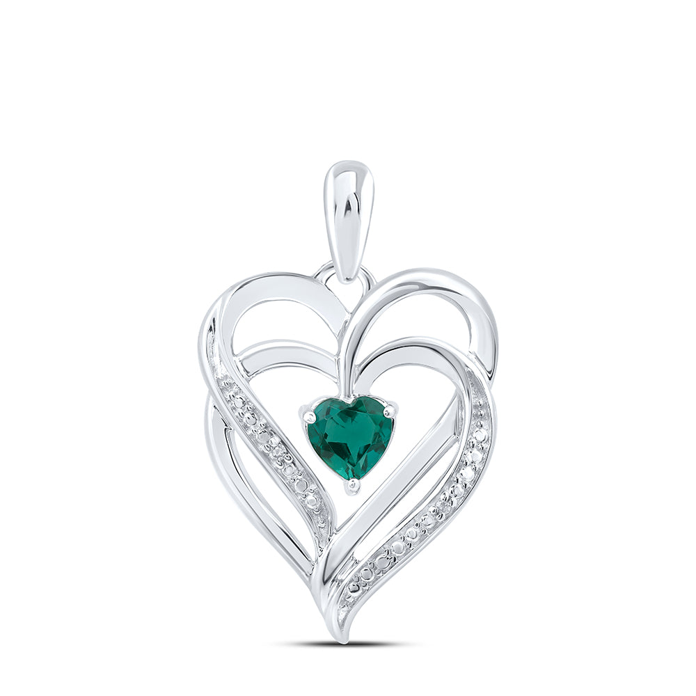 Sterling Silver Womens Round Lab-Created Emerald Heart Pendant 5/8 Cttw