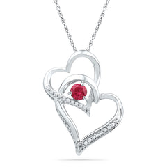 Sterling Silver Womens Round Lab-Created Ruby Diamond Double Heart Pendant 1/3 Cttw