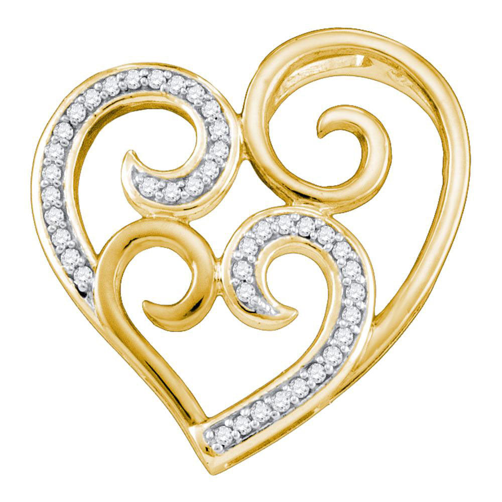 Yellow-tone Sterling Silver Womens Round Diamond Curled Nested Heart Pendant 1/8 Cttw