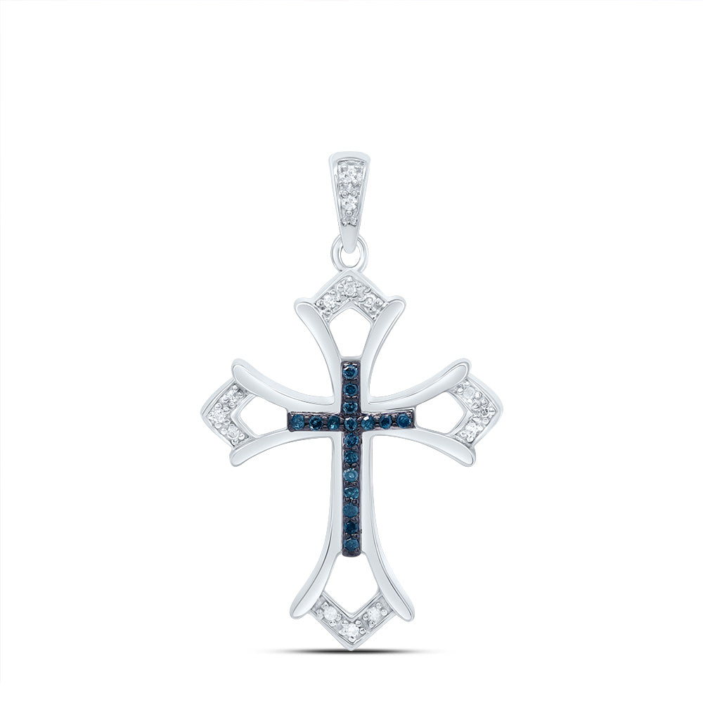 Sterling Silver Womens Round Blue Color Enhanced Diamond Cross Pendant 1/10 Cttw