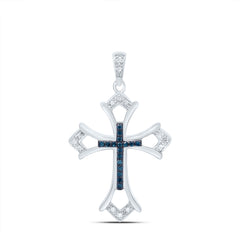 Sterling Silver Womens Round Blue Color Enhanced Diamond Cross Pendant 1/10 Cttw