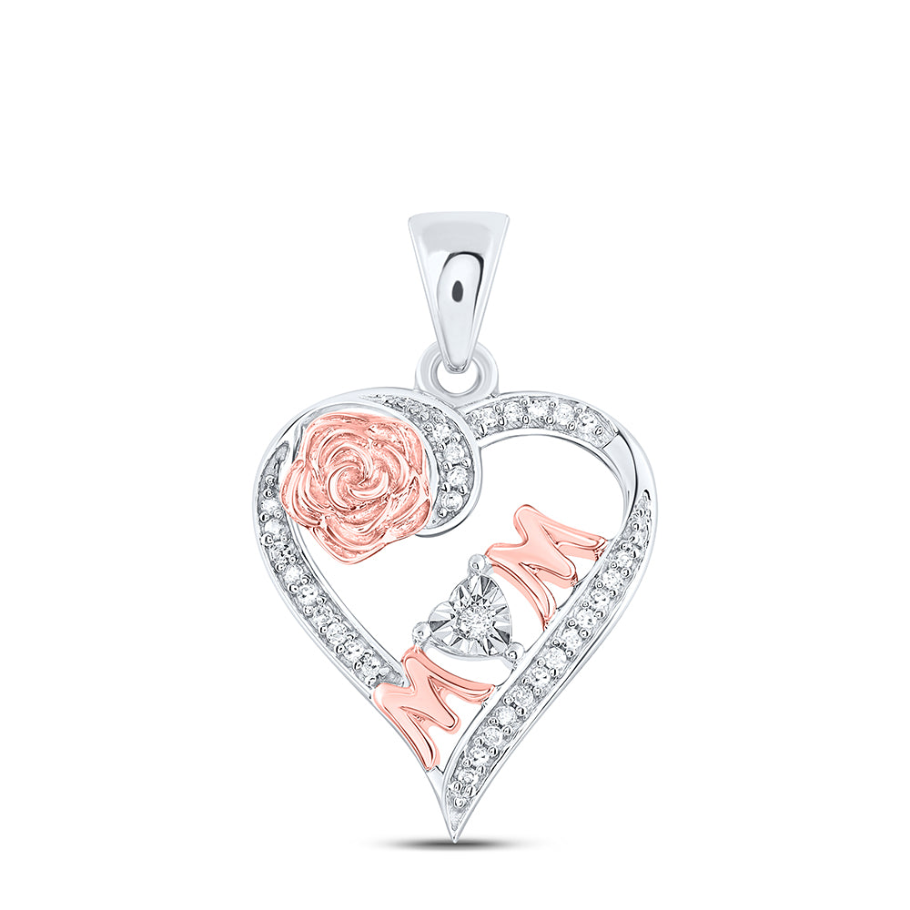 Sterling Silver Womens Round Diamond Rose-tone Mom Mother Heart Pendant 1/8 Cttw