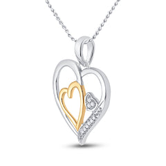 Two-Tone Sterling Silver Womens Round Natural Diamond Triple Nested Heart Pendant 1/20 CTW 1.68 Gram