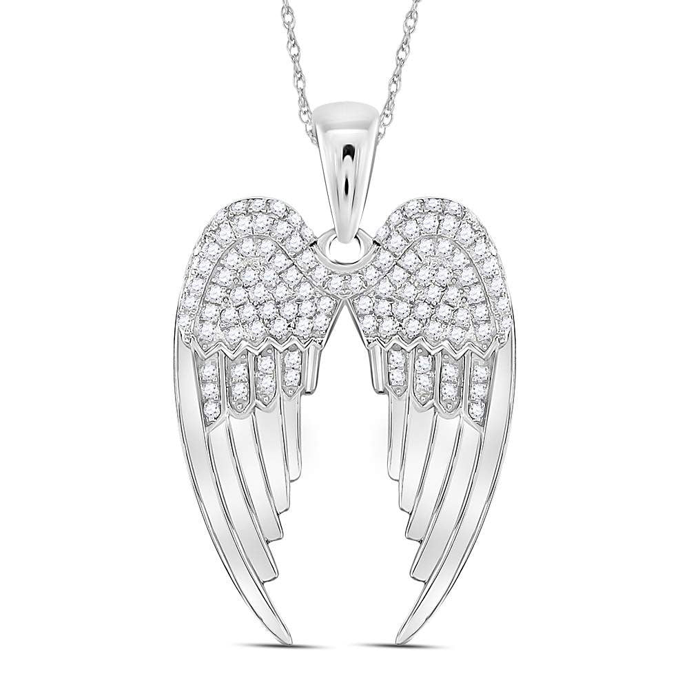 Sterling Silver Womens Round Natural Diamond Angel Wings Pendant 3/8 CTW 1.91 Gram