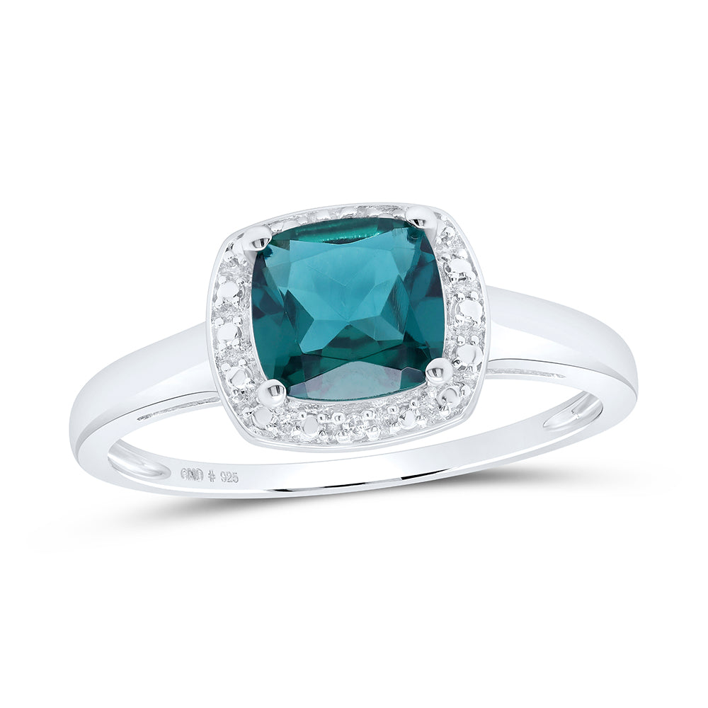 Sterling Silver Womens Cushion Lab-Created Emerald Solitaire Diamond Ring 1-3/4 Cttw