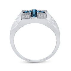 Sterling Silver Mens Round Blue Color Enhanced Diamond Cross Religious Ring 1/2 Cttw