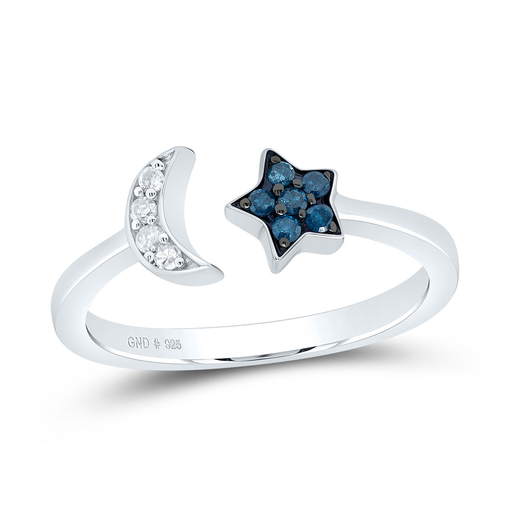 Sterling Silver Womens Round Blue Color Enhanced Diamond Star Crescent Moon Bisected Band Ring 1/10 Cttw