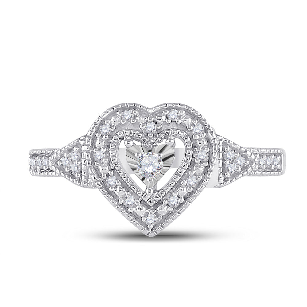 Sterling Silver Womens Round Natural Diamond Heart Ring 1/8 CTW 2.34 Gram
