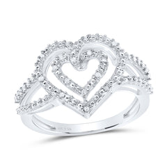 Sterling Silver Womens Round Diamond Nested Double Heart Ring 1/20 Cttw