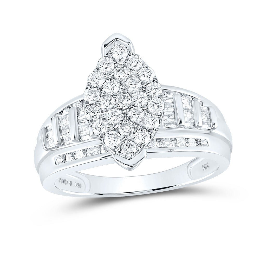 Sterling Silver Womens Round Natural Diamond Oval Cluster Bridal Wedding Engagement Ring 1.00 CTW 4.08 Gram