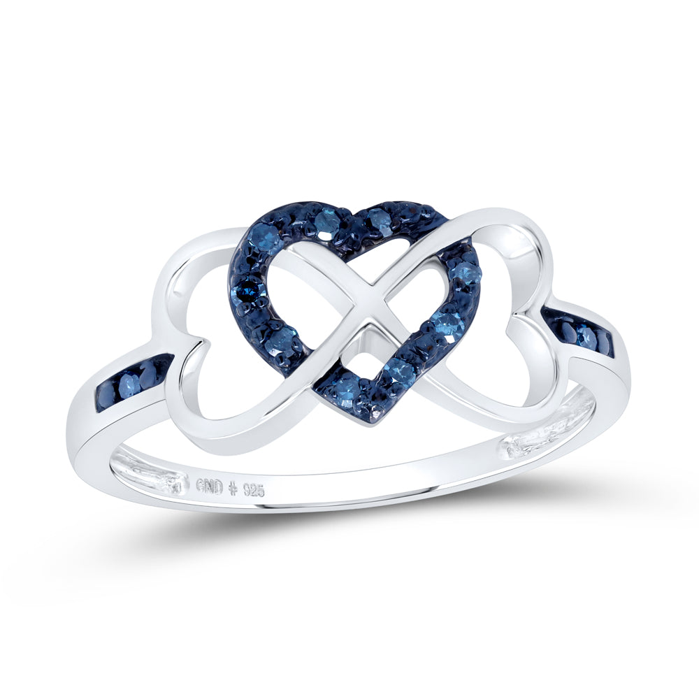 Sterling Silver Womens Round Color Enhanced Blue Diamond Triple Heart Infinity Ring 1/10 Cttw