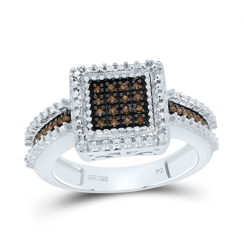 Sterling Silver Womens Round Brown Diamond Square Cluster Ring 1/6 CTW 4.61 Gram