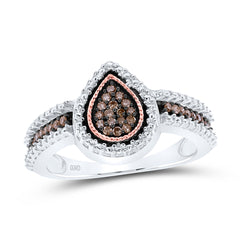 Sterling Silver Womens Round Brown Diamond Teardrop Cluster Ring 1/6 Cttw