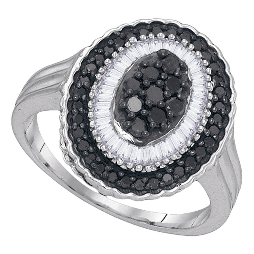 Sterling Silver Womens Round Black Color Enhanced Diamond Oval Cluster Ring 3/4 Cttw