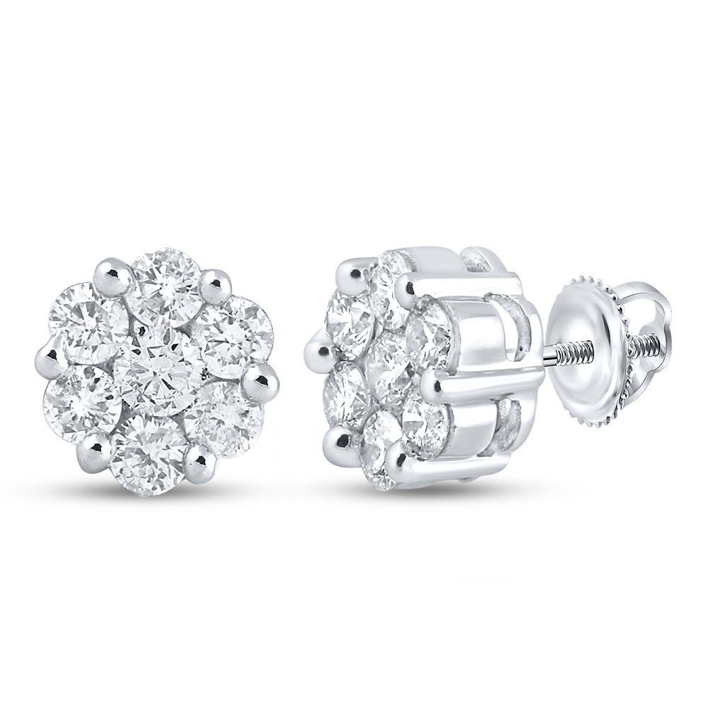14kt White Gold Womens Round Diamond Flower Cluster Earrings 2.00 Cttw